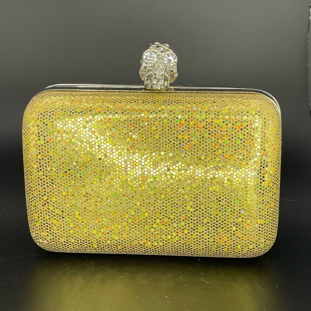 Gold Shimmer Evening Clutch with Rhinestone Skull Lock​